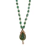 An emerald and pearl necklace with carved emerald pendant, India, 20th century, the drop-shaped gold