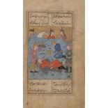 An illustration from a small Shahnameh depicting Rustam asleep, Turkmen, 16th century, gouache on