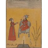 An enthroned princess drinking wine, her attendant approaching with a bowl of sweetmeats, Kulu,