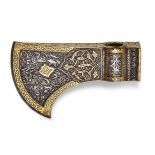 An important Safavid damascened steel axe head 'tabar' , Iran, signed 'Ali Muhammed Reza, dated