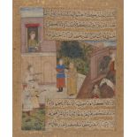 A Mughal palace scene of courtiers offering dishes to a ruler, India, 17th century, gouache on paper
