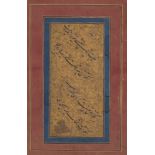 A Safavid calligraphic quatrain on a gold ground, Iran, 17th century, with four lines of neat