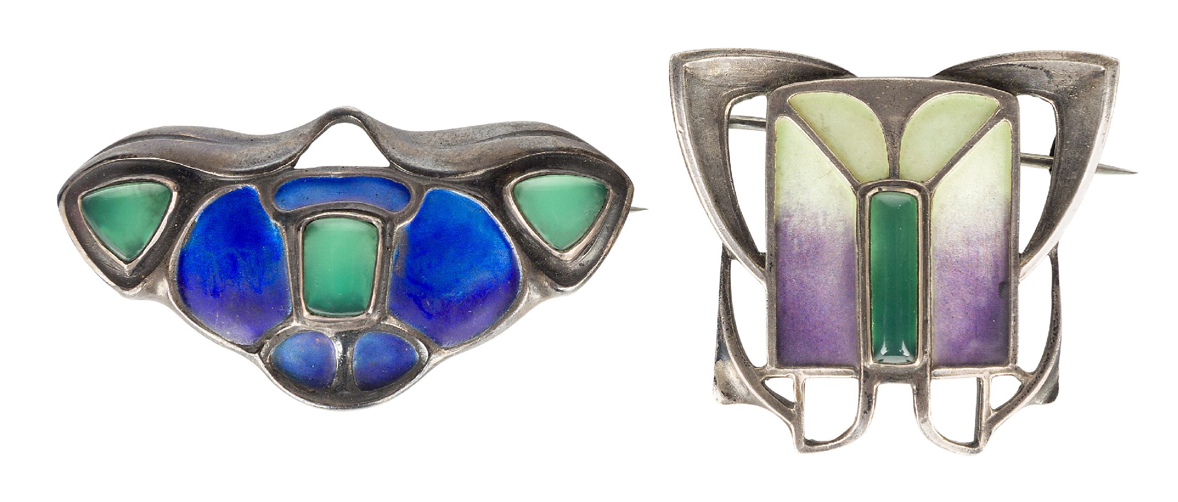German, two Jugendstil silver, enamel and chrysoprase brooches probably made in Pforzheim c.1900,