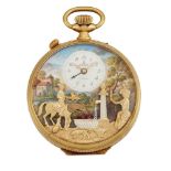 A gold plated musical automaton and alarm pocket watch, by Charles Reuge, the eccentric white enamel