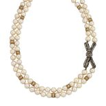 A cultured pearl and diamond necklace, the double row of cultured pearls with pave-set diamond