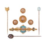 A group of jewellery, comprising: a 19th century diamond and turquoise brooch, the old-cut diamond