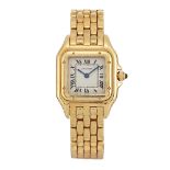 A lady's 18ct gold 'Panthere' quartz wristwatch, by Cartier, the square silvered dial with Roman