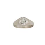 A platinum, diamond single stone ring, the single cushion-shaped old-brilliant-cut diamond, weighing