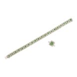 An emerald and diamond flexible bracelet and ring, the bracelet designed as a series of diamond-