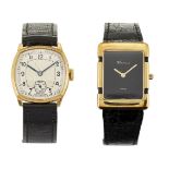 A 9ct gold wristwatch, the two tone cushion shaped dial with Arabic numerals and subsidiary seconds,