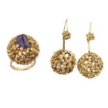 An 18ct gold and amethyst ring, and a pair of 18ct gold earrings, by John Donald, designed as either