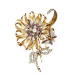A platinum and two colour gold, diamond and ruby brooch, of flower spray design, the bi-colour