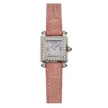 A stainless steel and diamond 'Happy Sport' quartz wristwatch, by Chopard, the square pink mother-