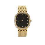 An 18ct gold and diamond quartz wristwatch by Audemars Piguet, the black cushion shaped dial with