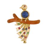 A gem and enamel brooch, by Boucheron, modelled as a stylised bird of paradise, perched on an orange