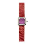 A lady's diamond 'Sugar Cube' quartz wristwatch, by Corum, the square dial with deep pink crystal