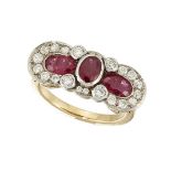 A ruby and diamond ring, the central, bezel-set ruby with diamond points to ruby shoulders and