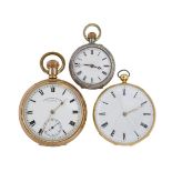 A 19th century gold openface pocket watch, a rolled gold pocket watch and a silver fob watch, the