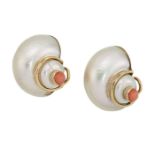 A pair of shell earrings, by Trianon, designed as white shells, umbonian elegans, each set with
