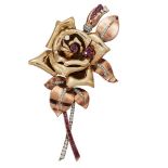 An impressive two colour gold, diamond and ruby rose spray brooch, the central flower claw-set