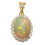 An opal and diamond cluster pendant, the cabochon opal set within a brilliant-cut diamond