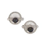 A pair of diamond and cultured pearl cufflinks, the panels of openwork scalloped shell design,