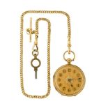 A late 19th century 18ct gold keywind fob watch, the textured gilt dial with central three colour