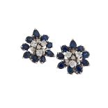 A pair of sapphire and diamond earrings, the brilliant-cut diamond cluster centres with pear