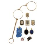 A group of jewellery, comprising: two Victorian gold oval hinged lockets, one mounted with lapis