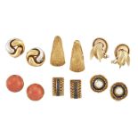 Six pairs of clip earrings, comprising: a pair of semi-circular brick link design with central