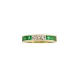 An emerald and diamond half hoop ring, the front composed of a line of alternate square-cut