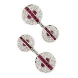 A pair of ruby and diamond cufflinks, composed of brilliant-cut diamond graduated circular panels