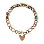 A late 19th century / early 20th century gold, turquoise and half-pearl bracelet, of curb link