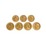 A group of gold coins, comprising: three sovereigns, Edward VII (2) 1907 and 1908, George V 1911;