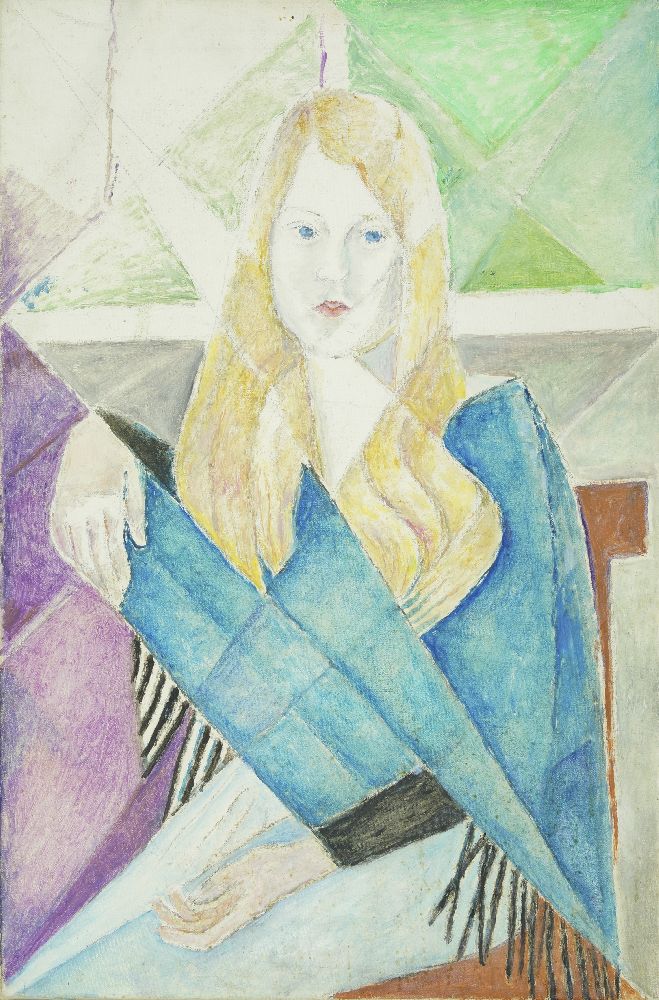 Marie Vorobieff Marevna, Russian, 1892-1984- Blonde lady in blue wrap, c.1960; oil and graphite on