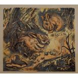 British School, early/mid 20th century- Two resting hares in the wild; linocut printed in four