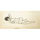 European Expressionist School, mid 20th century- Reclining female nude; woodcut, signed indistinctly