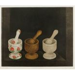 Kyu-Baik Hwang, Korean b. 1932- Three Grinders, 1981; etching with aquatint printed in colours,