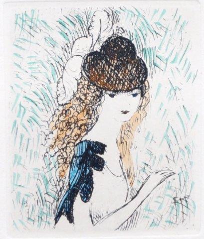 Marie Laurencin, French 1883-1956- Portrait of a woman; hand-coloured etching on wove paper, plate