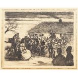 Northern European School, early-mid 20th century- Villagers gathered outside a cottage; etching on