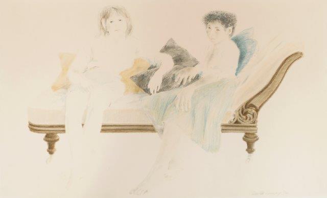 David Remfry MBE RA, British b.1942- Two women seated on a chaise longue; lithograph in colours,