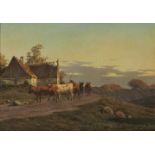 Attributed to Carl Frederick Bartsch, Danish 1829-1908- Cattle being herded by a cottage on a