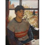 British School, late 20th century- Seated male figure in front of a window, possibly a self-