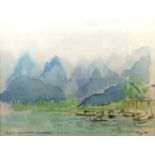 Barbara Dorf, British 1933-2016- Boats on a South East Asian lake, 1984; watercolour, signed