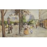 European School, mid/late 19th century- Figures along a Parisian boulevard; watercolour over