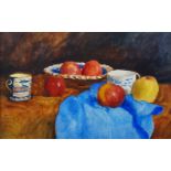 Judith Kuehne, American, late 20th/early 21st century- Blue cloth & Red Apples; watercolour on