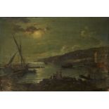 Giovanni Serritelli, Italian 1809-1882- Nocturnal view of fishermen in a harbour; oil on canvas,