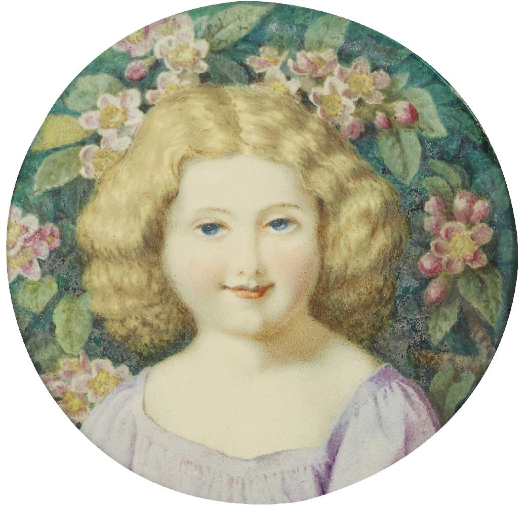 Charlotte Isa James SWA, British exh.1867-1881, Apple Blossom, watercolour on ceramic plaque, tondo, - Image 2 of 2