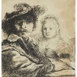 After Rembrandt Harmenszoon van Rijn, Dutch 1606-1669- Self-Portrait with Saskia; etching, trimmed