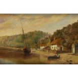 Edward Batty, British 1839-1918- Ship moored along a tranquil shore with cottages, and a Wooded